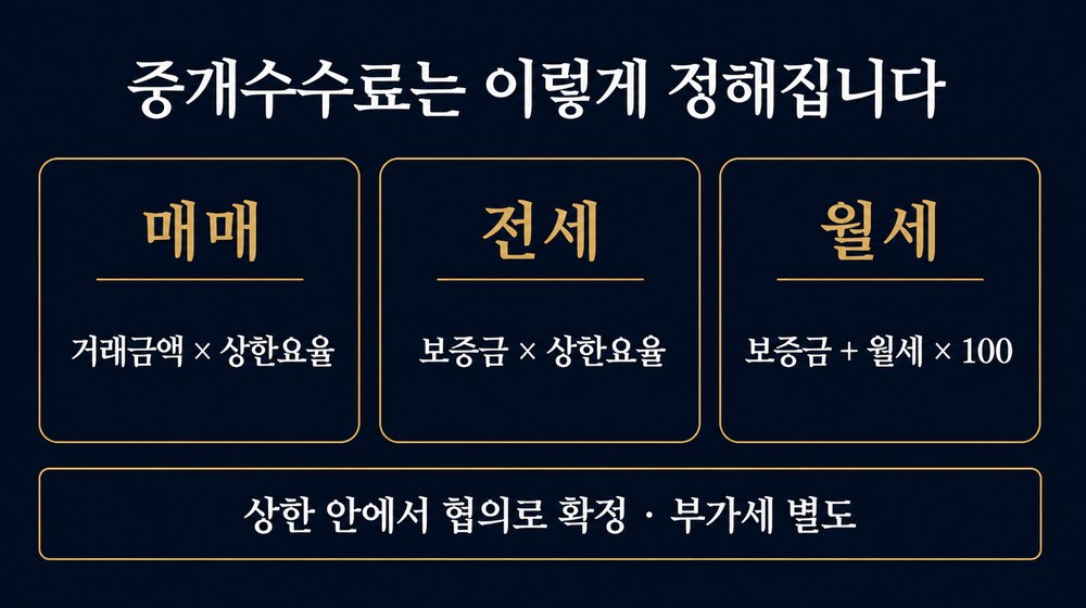 매매는 거래금액에 상한요율, 전세는 보증금에 상한요율, 월세는 보증금에 월세의 100배를 더해 계산. 상한 안에서 협의 확정, 부가세 별도