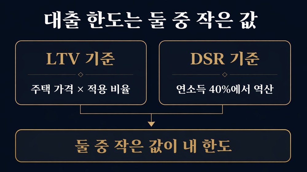 LTV는 주택 가격에 적용 비율을 곱한 값, DSR은 연소득 40%에서 역산한 값. 둘 중 작은 값이 한도